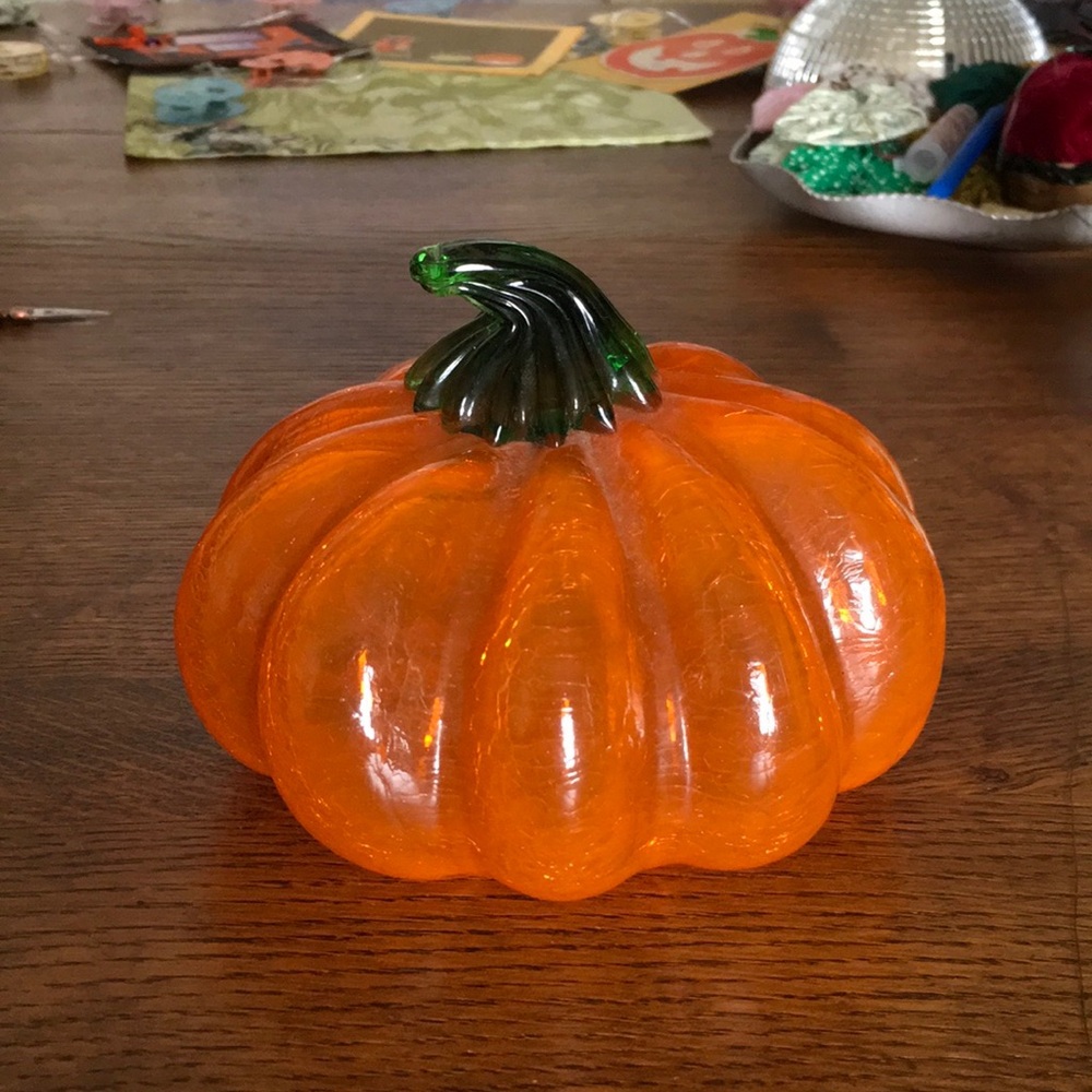 Vibrant hand blown Glass Pumpkin with Green Stem